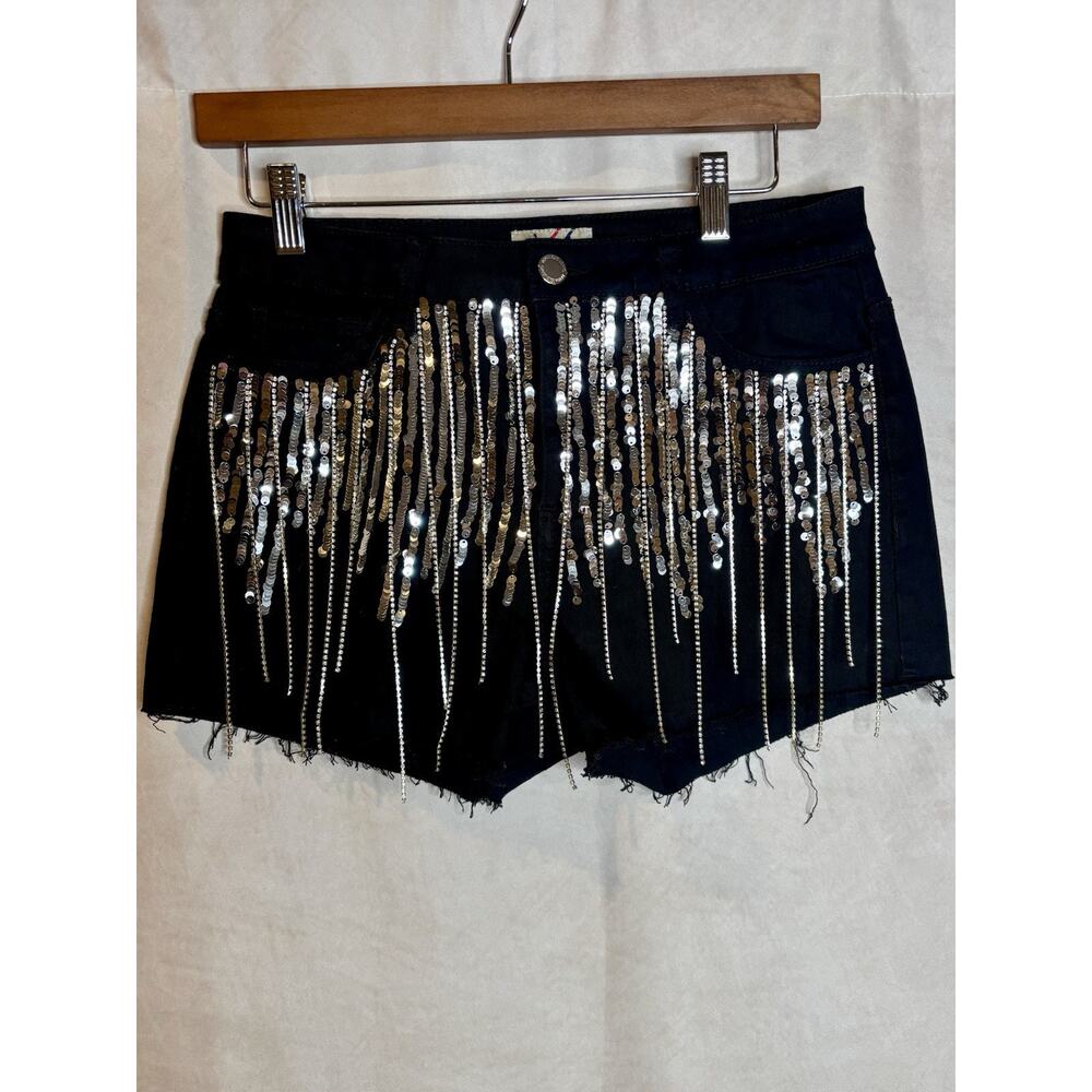 Denim Blvd Rhinestone Chain Fringe Shorts Black High Rise Cutoff M